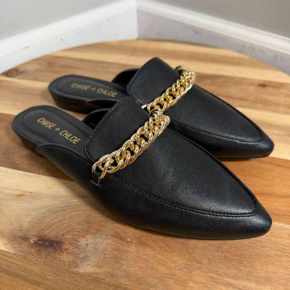 Chase + Chloe Black Gold Chain Toni Mule Loafers Pointed Toe Slip On Flats Sz 7